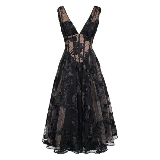 Vestido de Noche Elegante Negro Escote en V Profundo Malla - Image 5