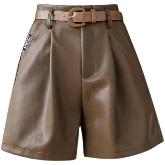 Shorts de Cuero PU Cintura Alta con Cinturón - Estilo A-line Moderno para Mujer - Image 14