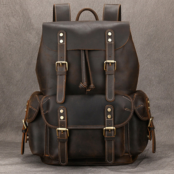 Mochila de Viaje Cuero Crazy Horse Capacidad Jumbo con Solapa Frontal