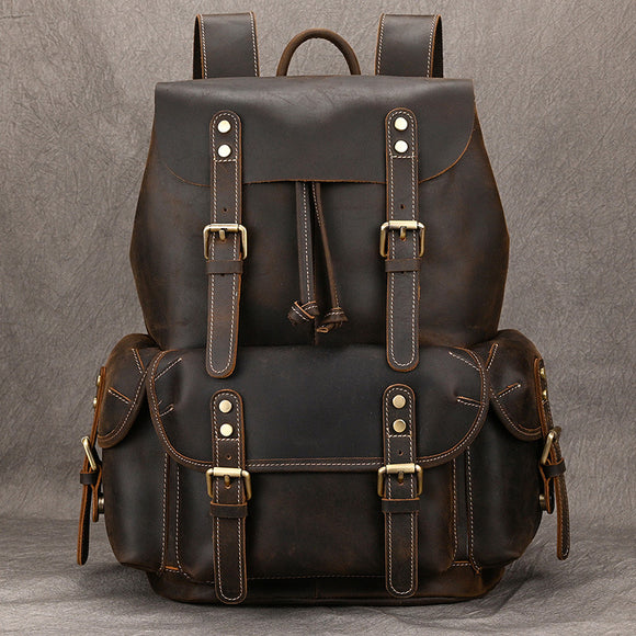 Mochila de Viaje Cuero Crazy Horse Capacidad Jumbo con Solapa Frontal