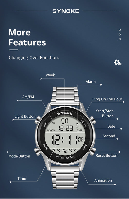 Reloj Deportivo Digital Acero Inoxidable Pantalla Grande Resistente al Agua - Image 8
