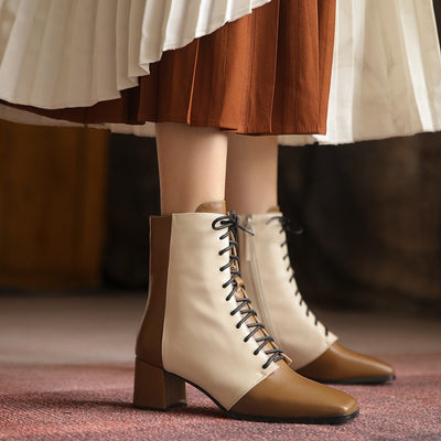 Botas de Cuero Retro con Bloque de Color, Punta Cuadrada y Tacón Grueso - Image 14