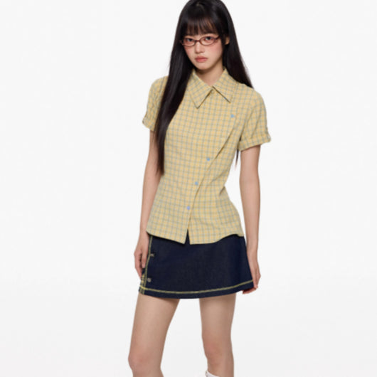 Camisa Cuadriculada Manga Corta Efecto Reductor para Mujer - Image 3