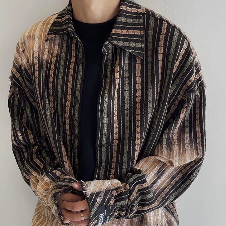Camisa de Manga Larga Jacquard Vintage Desgastado Efecto Lavado
