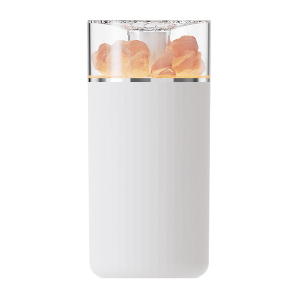 White portable aromatherapy humidifier with a clear top section displaying glowing pink salt crystals and a silver band. - Image 4