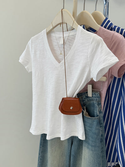 Blusa Clásica Americana Cuello V Ajustada Manga Corta - Image 8
