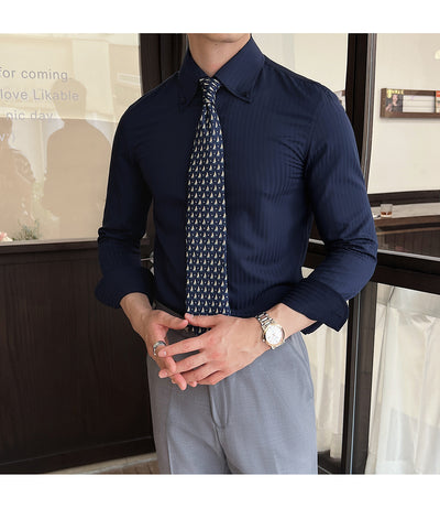 Camisa de Vestir Manga Larga a Rayas para Hombre con Cuello Italiano - Image 39