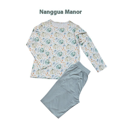 Bamboo cotton knitted parent-child pajama set with a pumpkin print long-sleeve top and solid light blue-grey pants. - Image 8