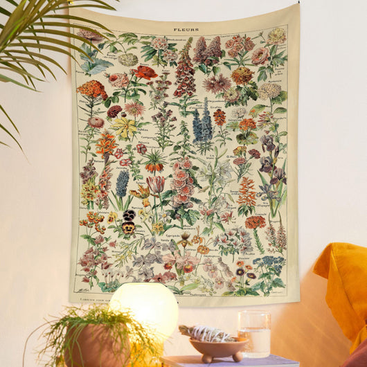 European retro mushroom tapestry with a starry night sky, crescent moon, butterflies, and various colorful fungi and plants. - Image 17