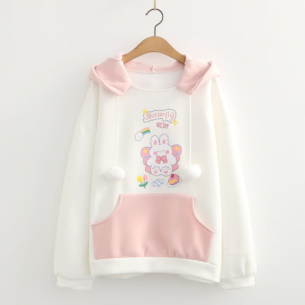 Sudadera con Capucha de Terciopelo para Mujer - Diseño Conejo Cartoon con Pompones