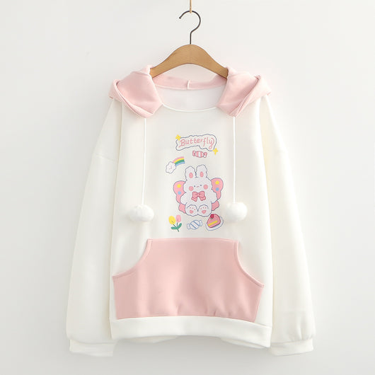 Sudadera con Capucha de Terciopelo para Mujer - Diseño Conejo Cartoon con Pompones - Image 2