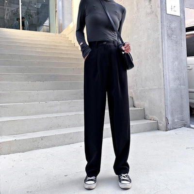 Pantalones Anchos Cintura Alta Mujer - Drapeado Elegante Negro y Gris - Image 8