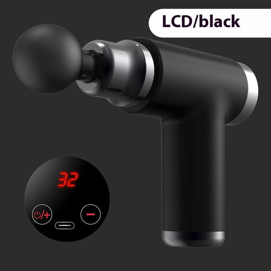 Black mini massage gun with a spherical head attachment and an LCD screen showing "32" with power and intensity buttons. - Image 2