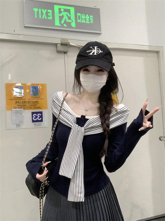 Blusa Rayas con Cordones y Encaje Manga Larga para Mujer - Image 11