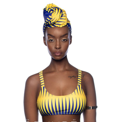 Women's blue and yellow striped high-waist two-piece swimsuit with side cut-outs and scoop neck top. - Image 4