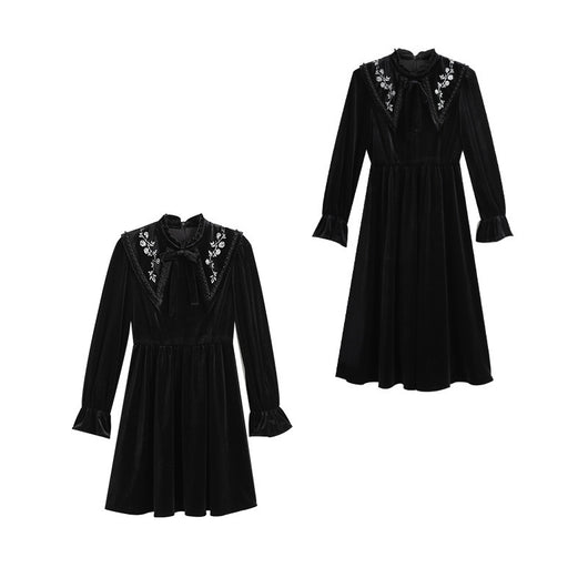 Vestido Largo de Terciopelo Bordado con Cuello Puntiagudo y Cintura Ajustada - Image 2