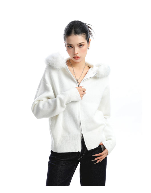 Abrigo Cardigan con Capucha y Cuello de Pelaje Beige para Mujer - Image 11