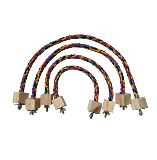 Colorful braided rope bird toy with wooden blocks and metal fasteners, forming a circular swing or climbing perch. - Image 7