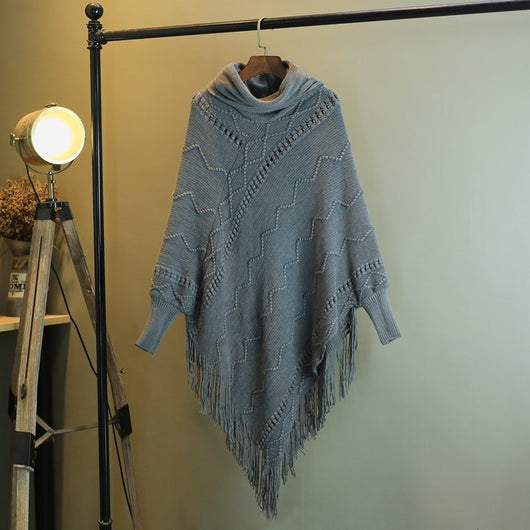 Poncho Tejido Cuello Alto con Flecos - Abrigo Cálido para Otoño e Invierno - Image 4