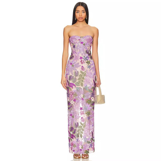 Vestido Bandeau Morado con Lentejuelas Bordadas y Ajuste Slim