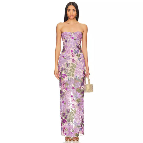 Vestido Bandeau Morado con Lentejuelas Bordadas y Ajuste Slim