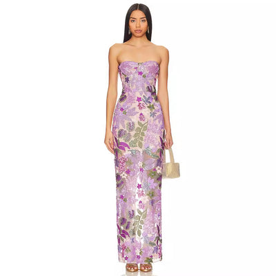 Vestido Bandeau Morado con Lentejuelas Bordadas y Ajuste Slim