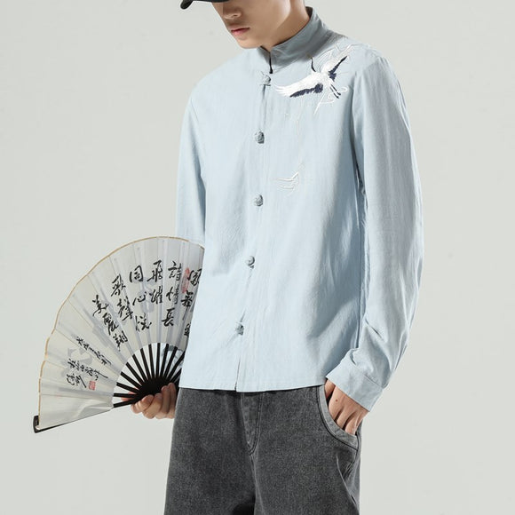 Cardigã masculino folgado estilo chinês com botões bordados