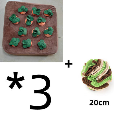 Brown plush snuffle mat with ten orange carrot-shaped toys, each with green leafy tops, for pet foraging and play. - Image 9