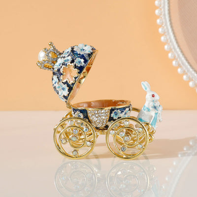 White and gold princess carriage trinket box with a crown, pearl, and bunny figurine, adorned with rhinestones. - Image 14