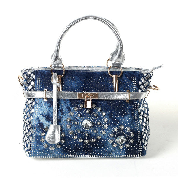 Bolso Bandolera Denim con Cierre de Strass y Incrustaciones de Vidrio