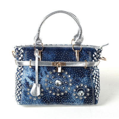 Bolso Bandolera Denim con Cierre de Strass y Incrustaciones de Vidrio