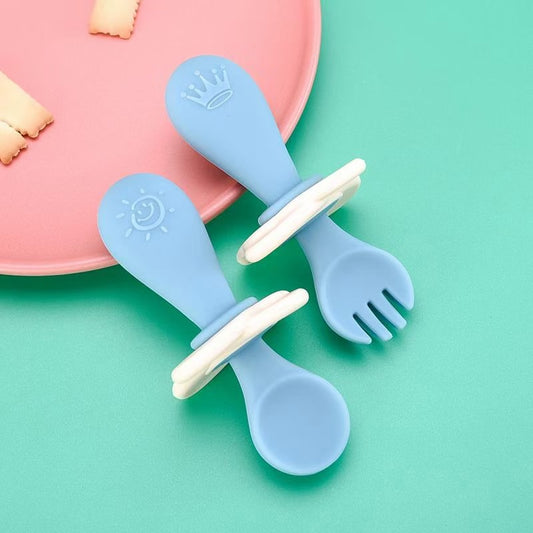 Cubiertos Infantiles de Silicona con Mango Corto - Juego de Cuchara y Tenedor Seguro