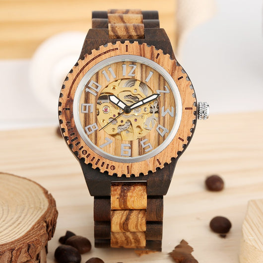 Reloj Automático de Madera Bambú con Mecanismo de Engranajes Creativos - Image 2
