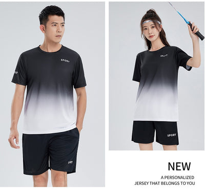 Purple and white gradient short-sleeve t-shirt with 'SPORT' text and black athletic shorts for women. - Image 26