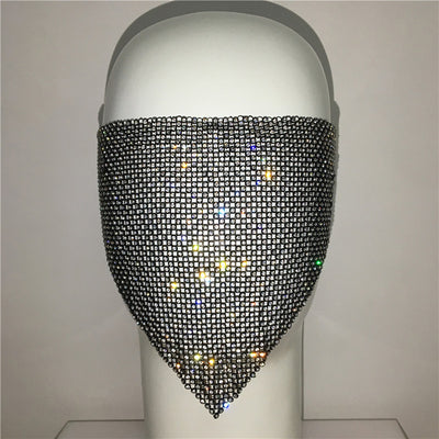 Gold rhinestone mask made of metal mesh, covering the face from the eyes to below the chin, displayed on a white mannequin head. - Image 34