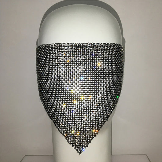 Gold rhinestone mask made of metal mesh, covering the face from the eyes to below the chin, displayed on a white mannequin head. - Image 34