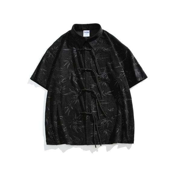 Camisa Retro Bambú Estilo Chino con Patrón Oscuro de Manga Corta para Hombre