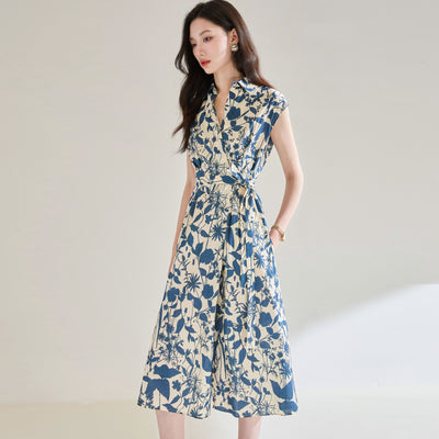 Vestido Camisero Ajustado Estampado Azul y Blanco - Image 6