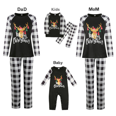 Family matching Christmas pajamas with black and white buffalo plaid sleeves and pants, featuring a reindeer graphic. - Image 6