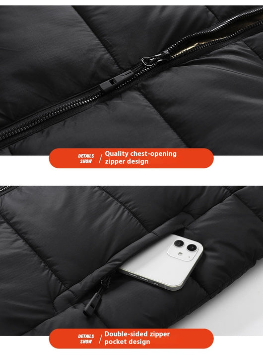 Man and woman modeling black smart heating puffer jackets with hoods, zippered pockets, and horizontal quilting. - Image 19