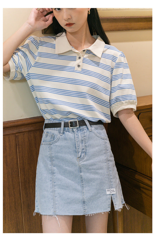 Camiseta Holgada de Algodón a Rayas con Cuello Solapa Estilo Coreano - Image 17