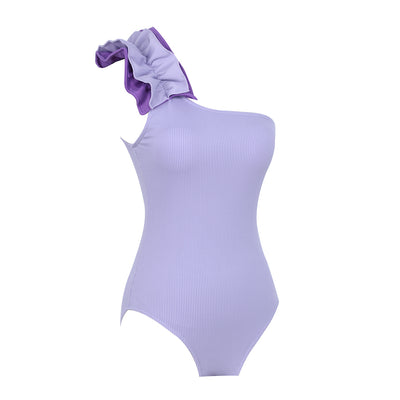 Black one-shoulder ribbed one-piece swimsuit with a ruffled blue and black strap, ideal for women's swimwear. - Image 38
