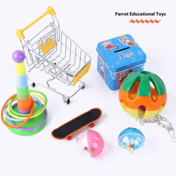 10-pack of colorful wooden and plastic bird toys, including swings, perches, and hanging bell toys for pet birds.