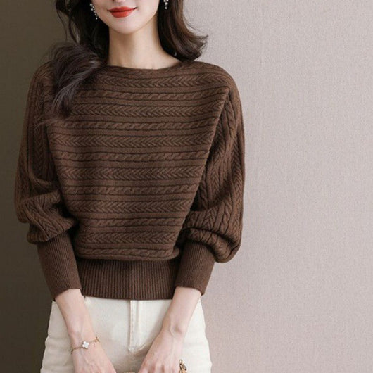 Blusa Tejida Cuello Barco Manga Murciélago Suelta para Otoño e Invierno