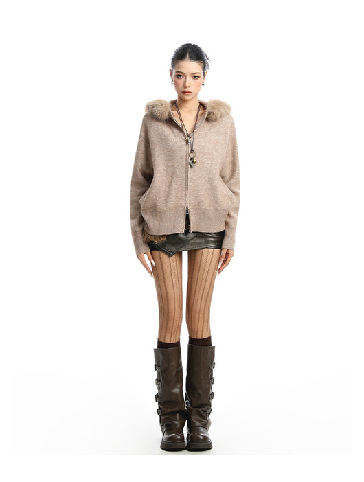Abrigo Cardigan con Capucha y Cuello de Pelaje Beige para Mujer - Image 22
