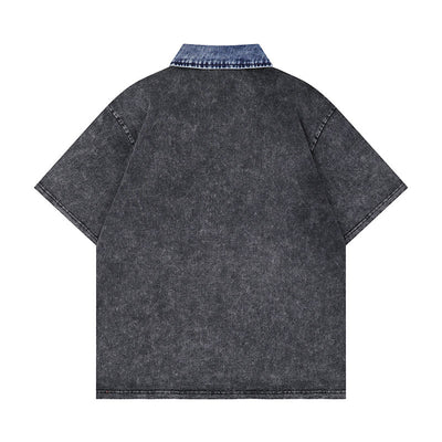 Playera Denim Lavada con Estampado de Letras y Contraste de Colores - Image 4