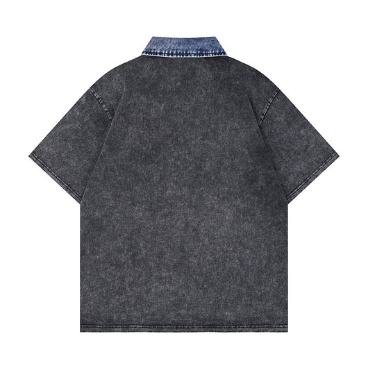 Playera Denim Lavada con Estampado de Letras y Contraste de Colores - Image 4