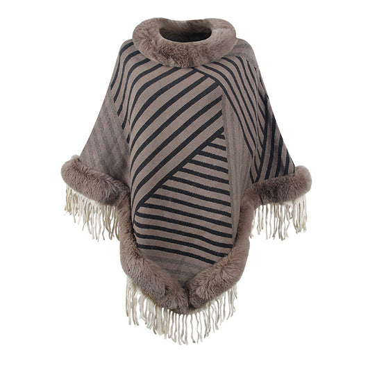 Poncho Tejido con Cuello de Piel y Borlas para Mujer - Image 5