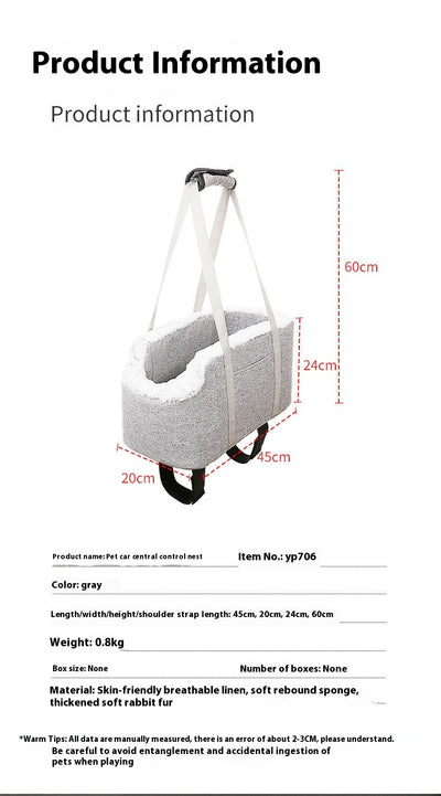 Grey pet car seat with plush white lining, designed for small dogs or cats, placed on a car's center console. - Image 7