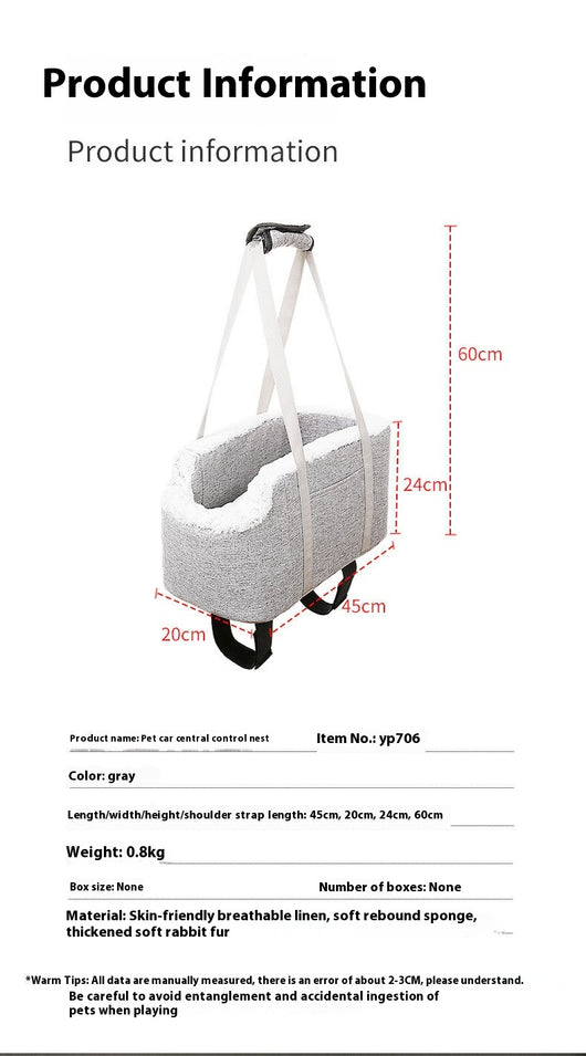 Grey pet car seat with plush white lining, designed for small dogs or cats, placed on a car's center console. - Image 7